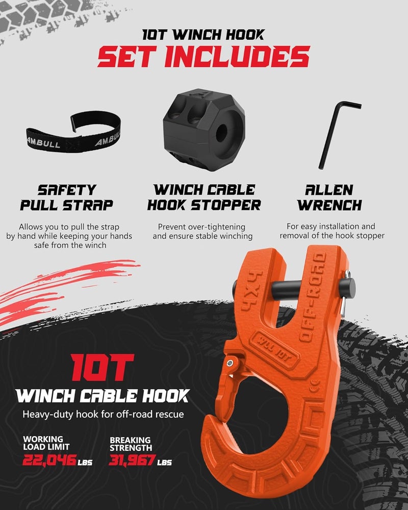 AMBULL 3/8" Tow Winch Hook with Cable Stopper, 10T Winch Hook, Upgrade Heavy Duty Forged Steel Winch Hook, 31967lbs Max Strength, Clevis Clip Hook Set for Synthetic Rope, Off-Road Vehicle, Orange - Image 3